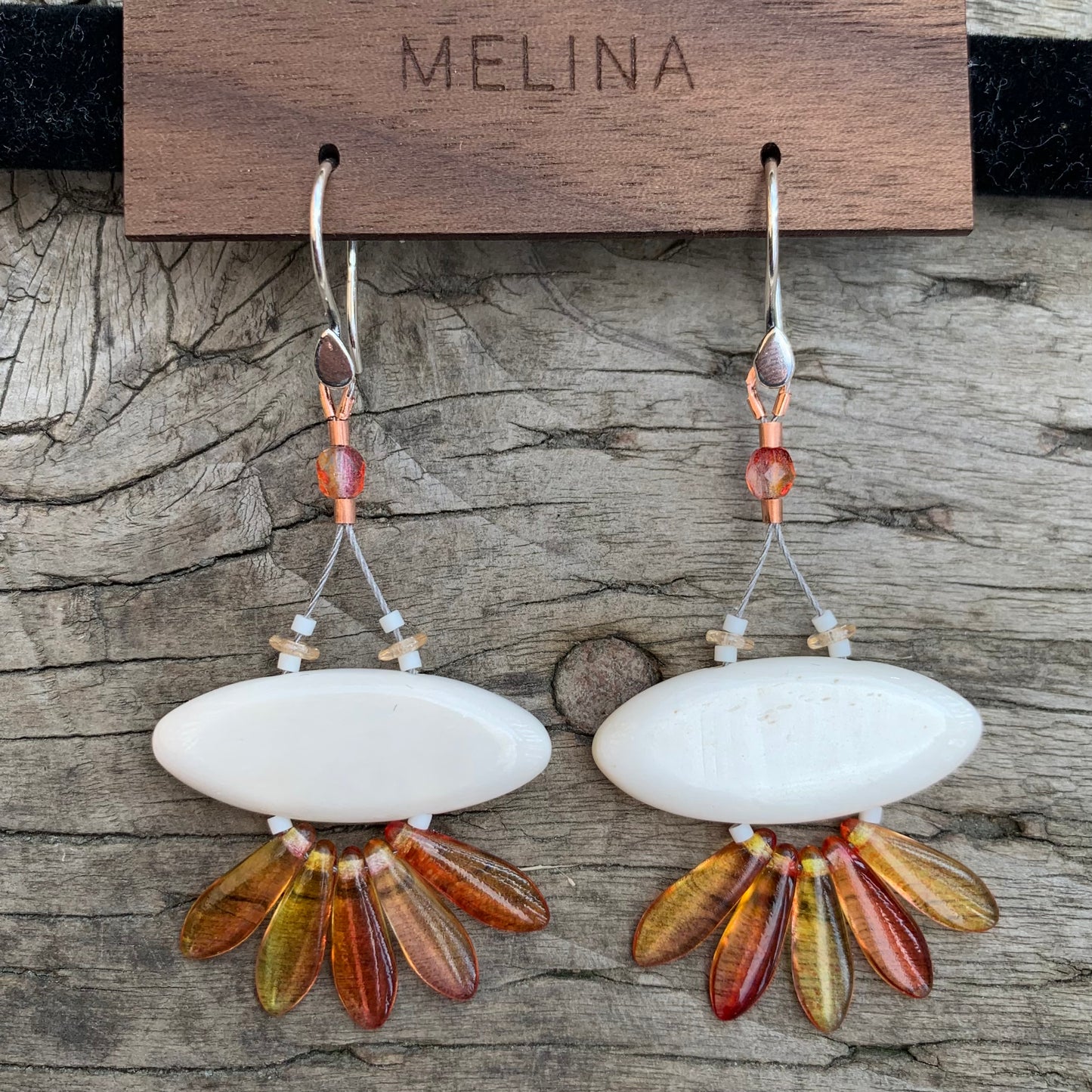 Oval Bone Earrings - copper & multi colored yellow and pink