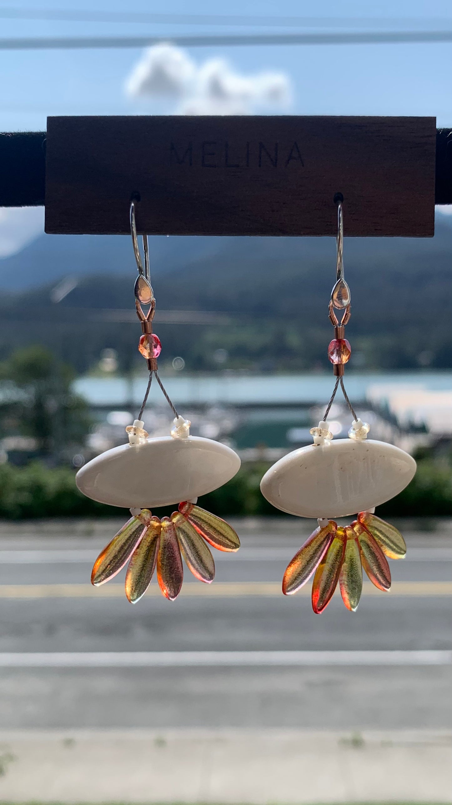 Oval Bone Earrings - copper & multi colored yellow and pink